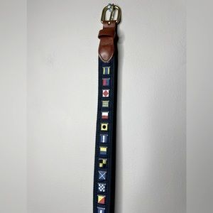 Navy Nautical Signal Flag Webbing Belt with Brown Leather Trim